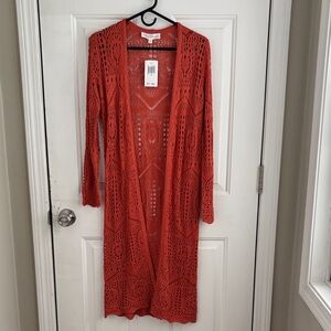 Chelsea & Theodore Coral/burnt organge Crochet Cardigan NWT